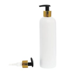Botella 500 ml HDPE Blanco con Dosificador Ancho Negro con Funda Aluminio Oro (24/410) - Botellas HDPE