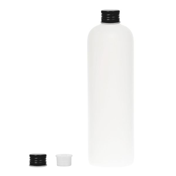 Botella 500 ml HDPE Blanco con Tapón Aluminio Negro y Obturador (24/410) - Botellas HDPE