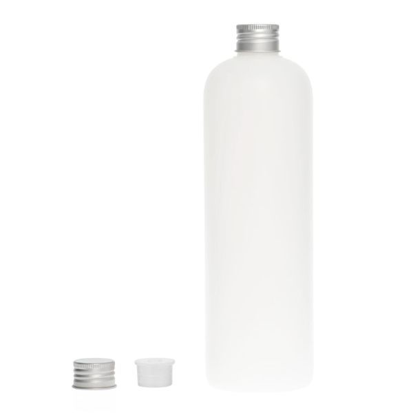 botella 500 ml hdpe blanco de hombro curvo con tapón aluminio plata y obturador