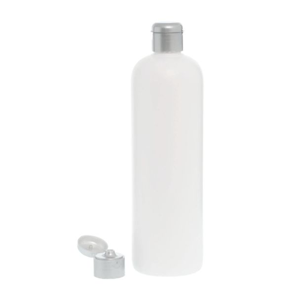 Botella 500 ml HDPE Blanco con Tapón Bisagra Gris Plata (24/410) - Botellas HDPE