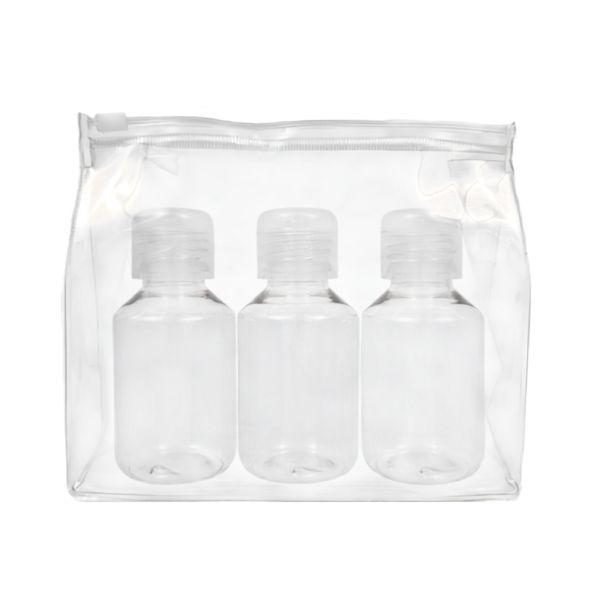 Neceser Transparente con: 3 botellas 100 ml transparentes con tapones bisagra traslúcido