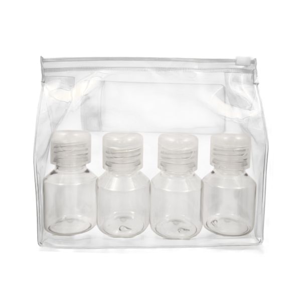 Neceser Transparente con: 4 botellas 50 ml con tapones bisagra traslúcido y tubo 45 ml - Packs