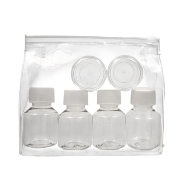 Neceser Transparente con: 4 botellas 50 ml con tapones simples blancos y 2 tarros 20 ml - Packs