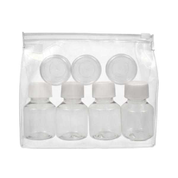 Neceser Transparente con: 4 botellas 50 ml con tapones simples blancos y 3 tarros 10 ml - Packs