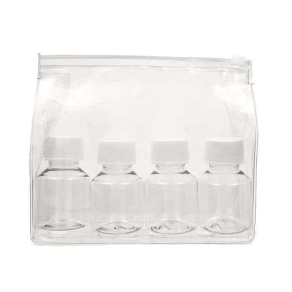 Neceser Transparente con: 4 botellas 50 ml con tapones simples blancos